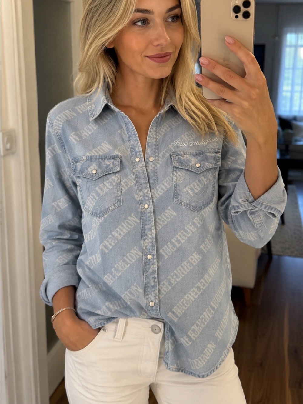 NEW TRUE RELIGION WOMEN'S GEORGIA LONG SLEEVE LOGO DENIM SHIRT